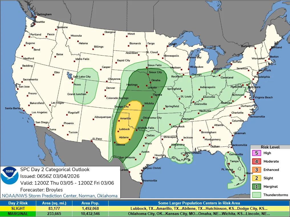 SPC day 2 categorical outlook valid for March 5, 2026