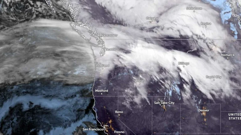 Satellite image of U.S. Pacific Northwest at 11:50 UTC on March 12, 2026. Credit: NOAA/GOES-19, Zoom Earth, The Watchers