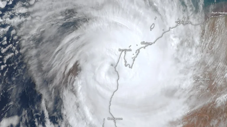 Satellite image of tropical cyclone Narelle making landfall over the coast of Western Australia at 0130 UTC on March 27, 2026