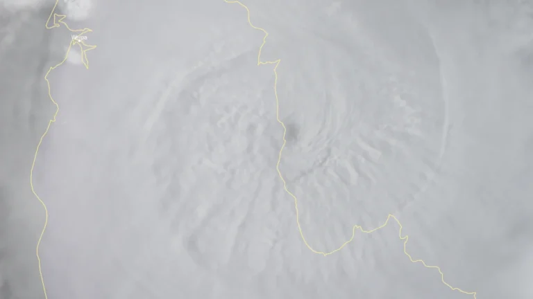 Satellite image of tropical cyclone Narelle's eyewall beginning landfall over the Queensland Coast at 0700 AEST on March 20 (2100 UTC on March 19), 2026