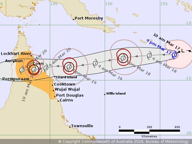 Tropical cyclone Narelle forecast track issued on March 17, 2026. 