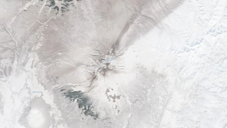 ash and snow covered sheveluch volcano russia satellite image march 14 2026 sentinel-2