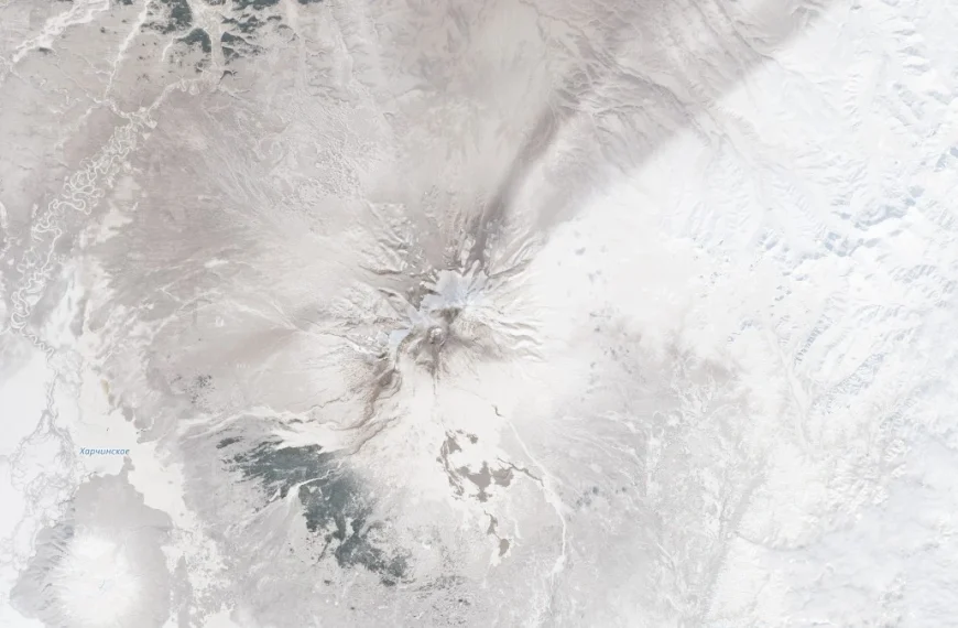ash and snow covered sheveluch volcano russia satellite image march 14 2026 sentinel-2