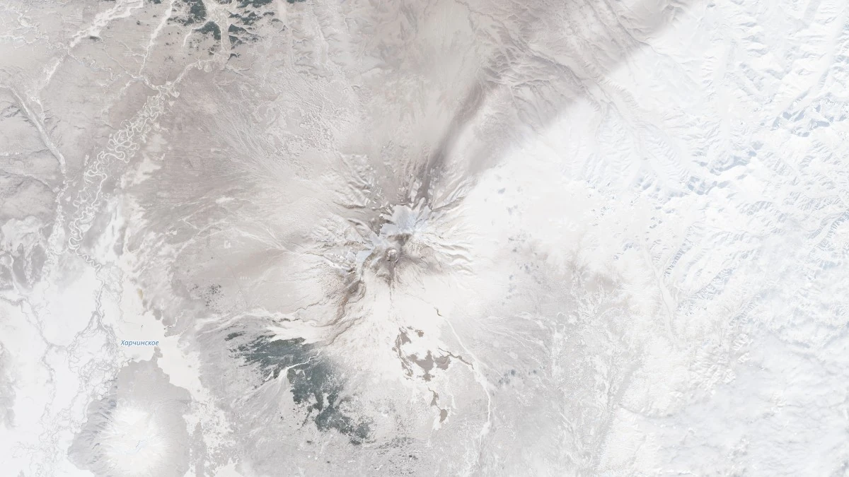ash and snow covered sheveluch volcano russia satellite image march 14 2026 sentinel-2