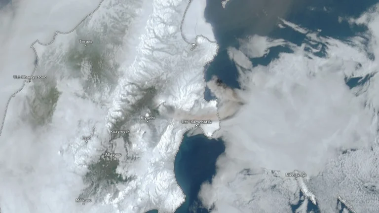 ash plume rising over sheveluch volcano on march 29 2026