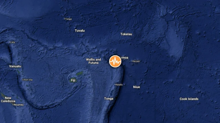 Epicenter of M6.0 earthquake near Hihifo, Tonga on March 8, 2026. Credit: TW/SAM, Google