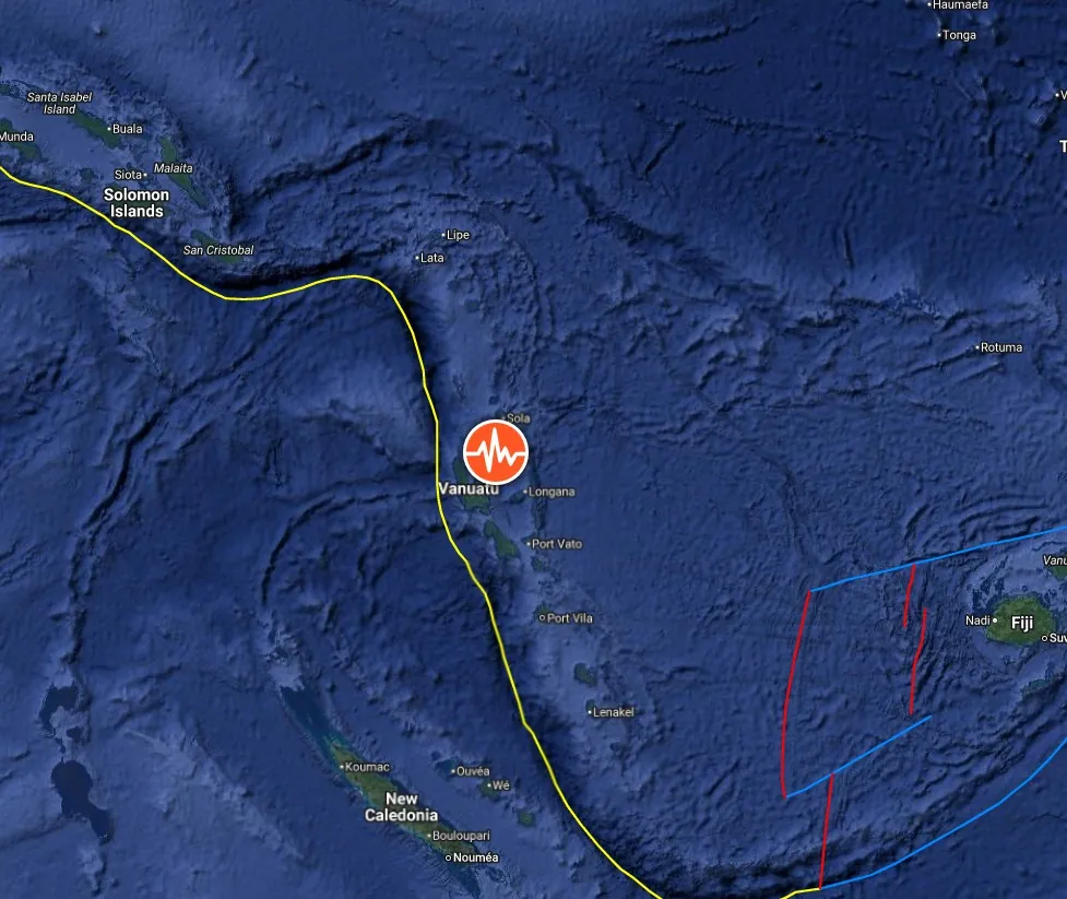 Epicenter of M7.3 earthquake near Luganville, Vanuatu on March 30, 2026. Credit: TW/SAM, Google