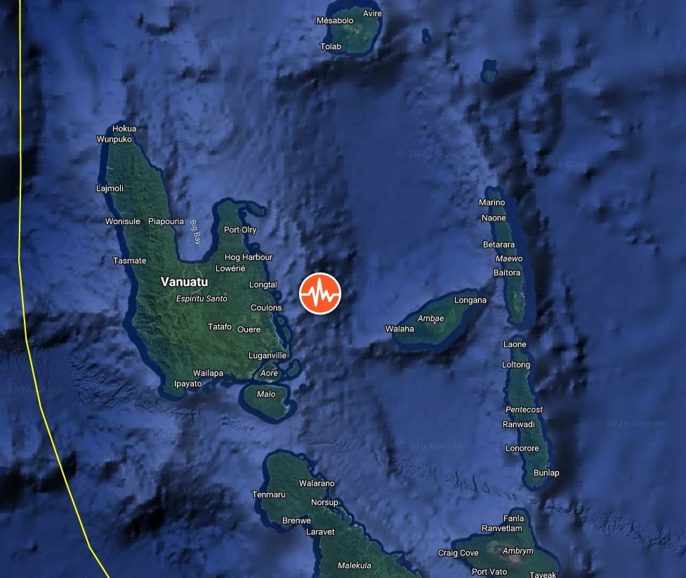 Epicenter of M7.3 earthquake near Luganville, Vanuatu on March 30, 2026. Credit: TW/SAM, Google