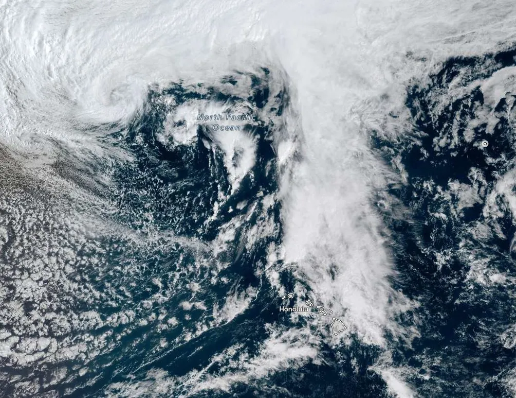 Satellite image of Kona low affecting Hawai'i at 20:20 UTC on March 11, 2026