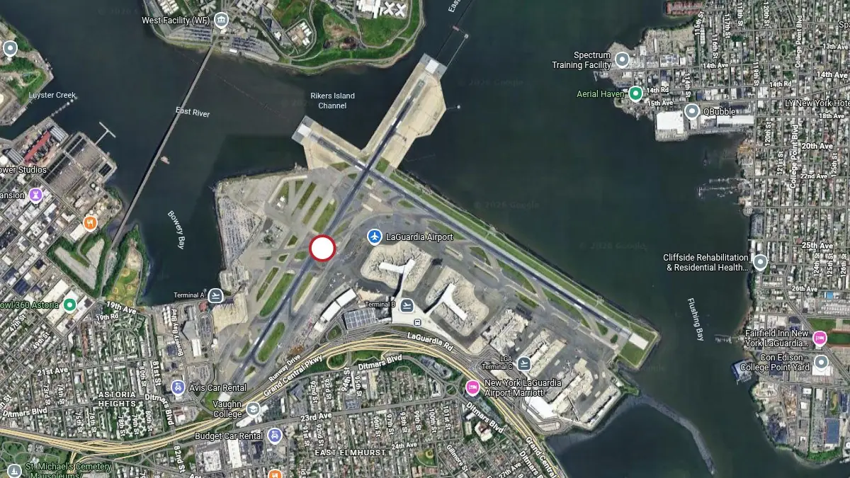 la guardia airport sat image with location of march 22 2026 airplane accident