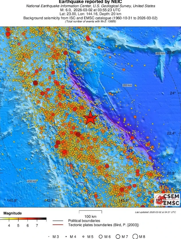 m6.0 earthquake volcano islands japan region march 2 2026 emsc regional seismicity
