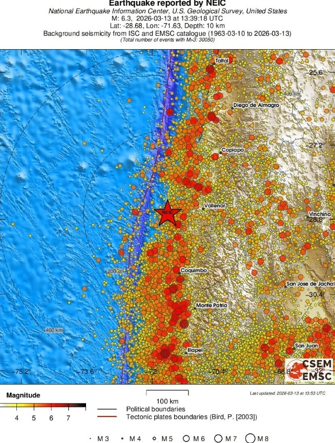 m6.3 earthquake offshore atacama chile march 13 2026 emsc regional seismicity
