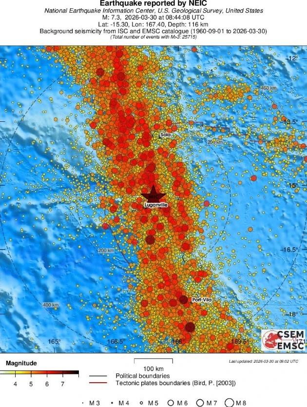 m7.3 earthquake luganville vanuatu march 30 2026 emsc regional seismicity