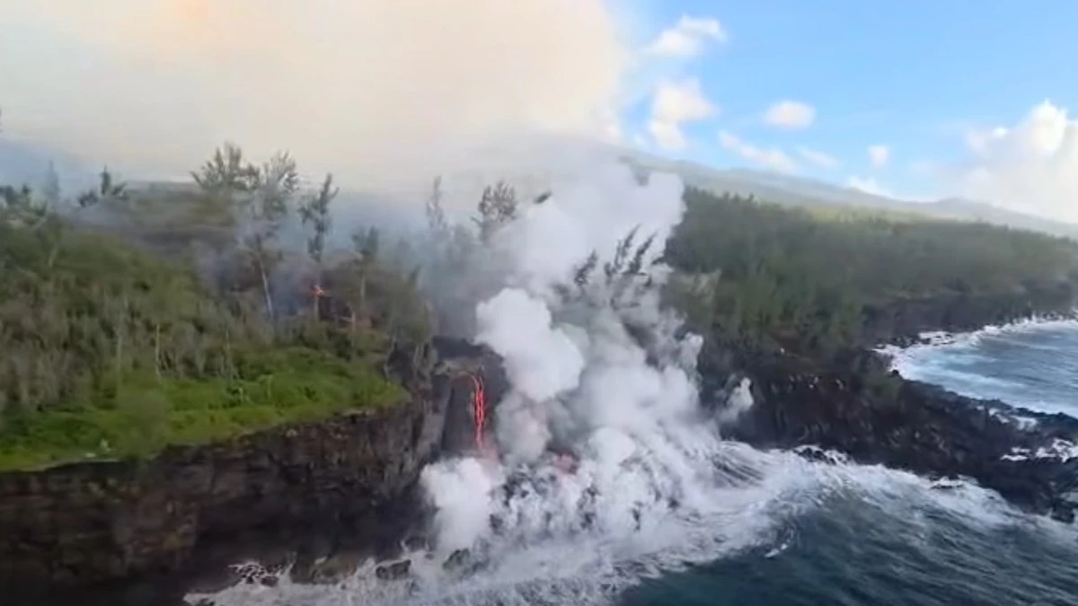 piton de la fournaise volcano lava reaches ocean march 16 2026