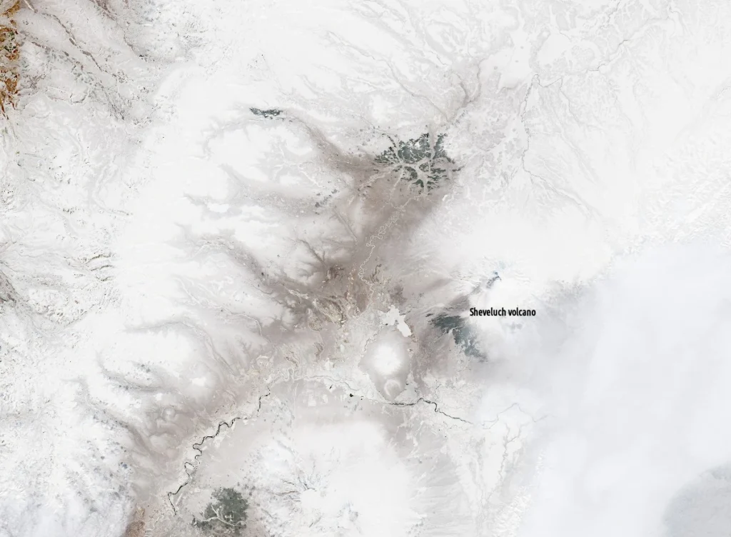 sheveluch volcano close up satellite image march 29 2026 sentinel-2