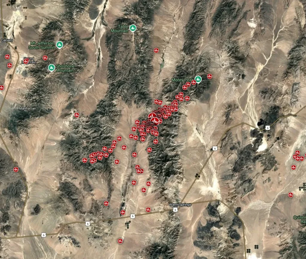 tonopah nevada earthquake swarm february march 2026 map