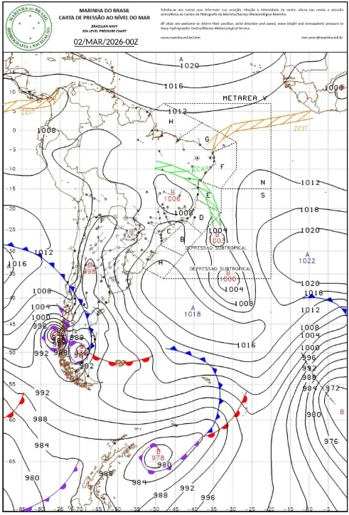 two subtropical depressions in south atlantic - brazilian navy sea level pressure chard for march 2 2026