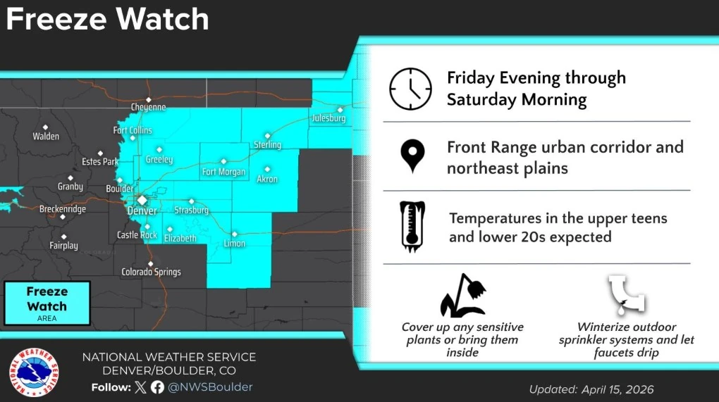 Colorado Freeze Watch area for April 17-18 2026