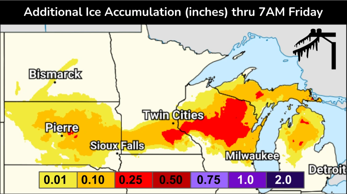 Ice accumulation forecast for the Northern Plains and Great Lakes through April 3, 2026