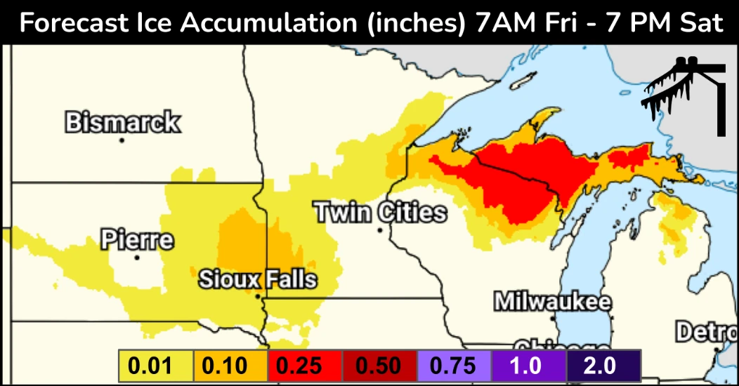 Ice accumulation forecast for the Northern Plains and Great Lakes through April 3-4, 2026