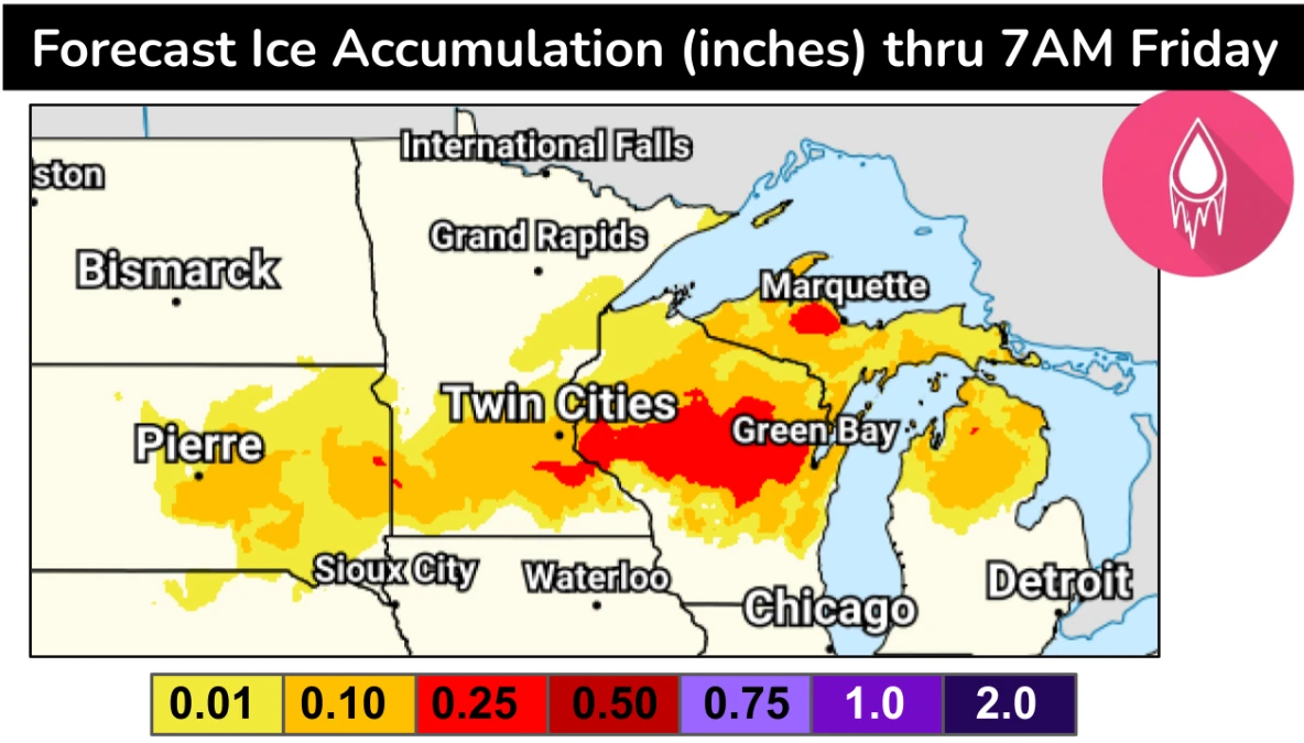 Ice accumulation forecast for the Northern Plains and Great Lakes through April1-3, 2026