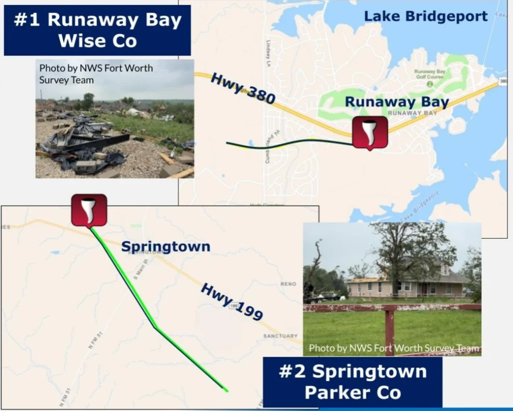 NWS tornado tracks for Runaway Bay and Springtown tornado in Texas on April 25, 2026