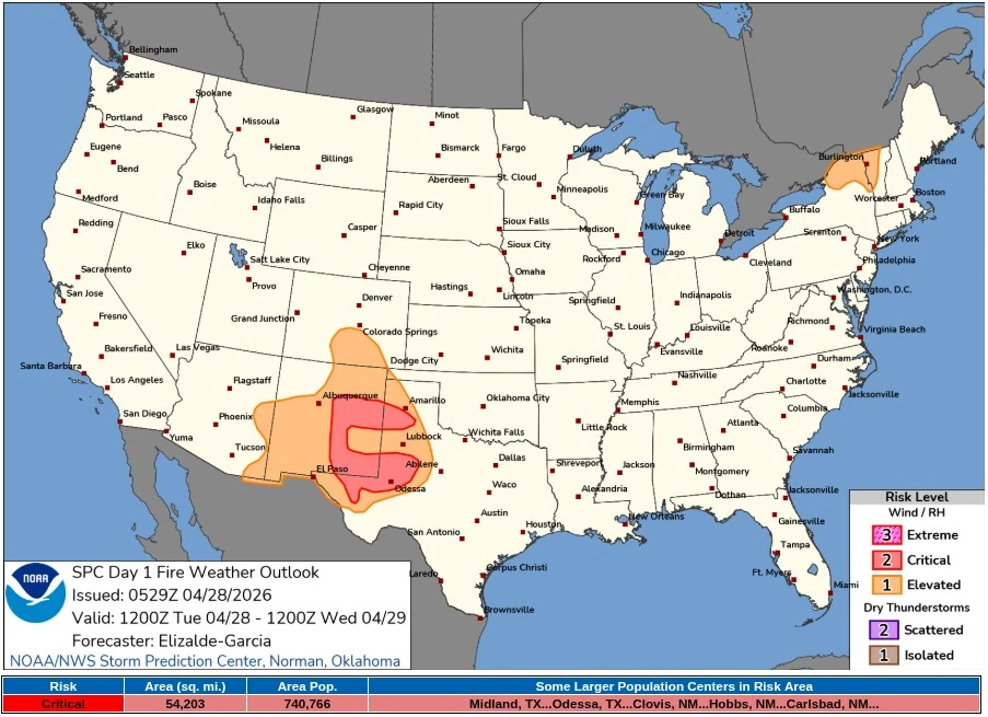 SPC Day 1 Fire Weather Outlook 24 hours to 1200 utc april 29 2026