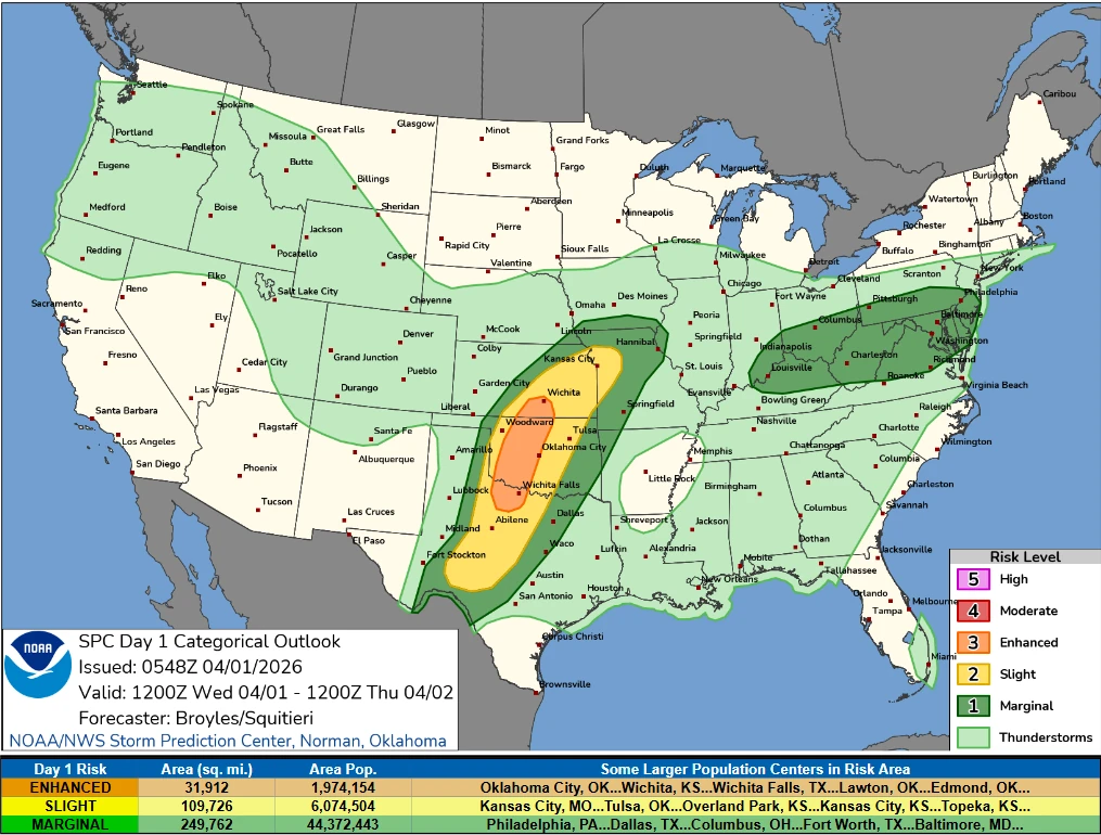 SPC day 1 categorical outlook April 1, 2026