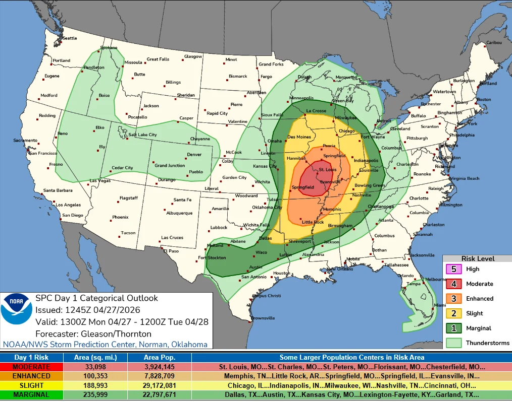 SPC day 1 categorical outlook for April 27, 2026