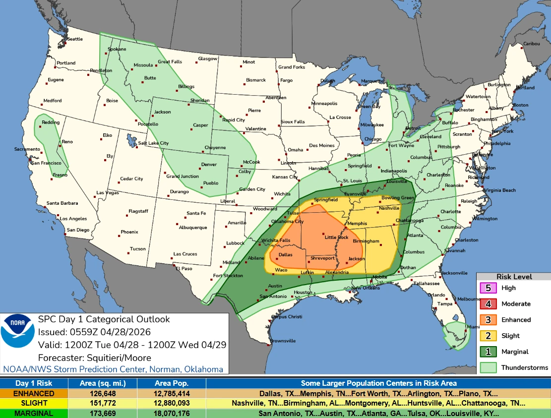 SPC day 1 convective outlook April 28, 2026