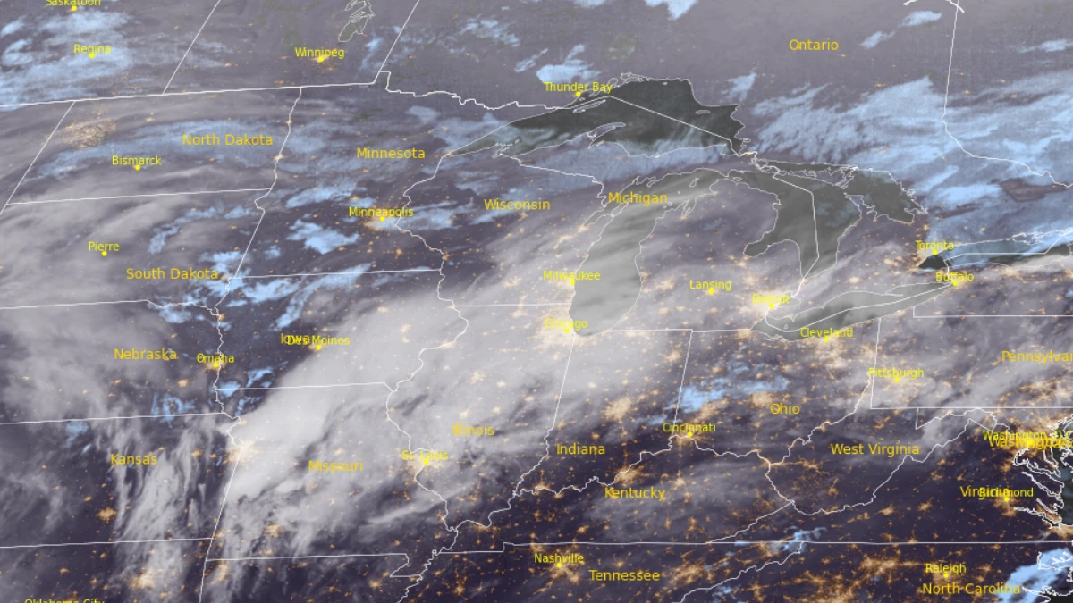 Satellite image of the Northern Plains and the Great Lakes region at 0940 UTC on April 1, 2026