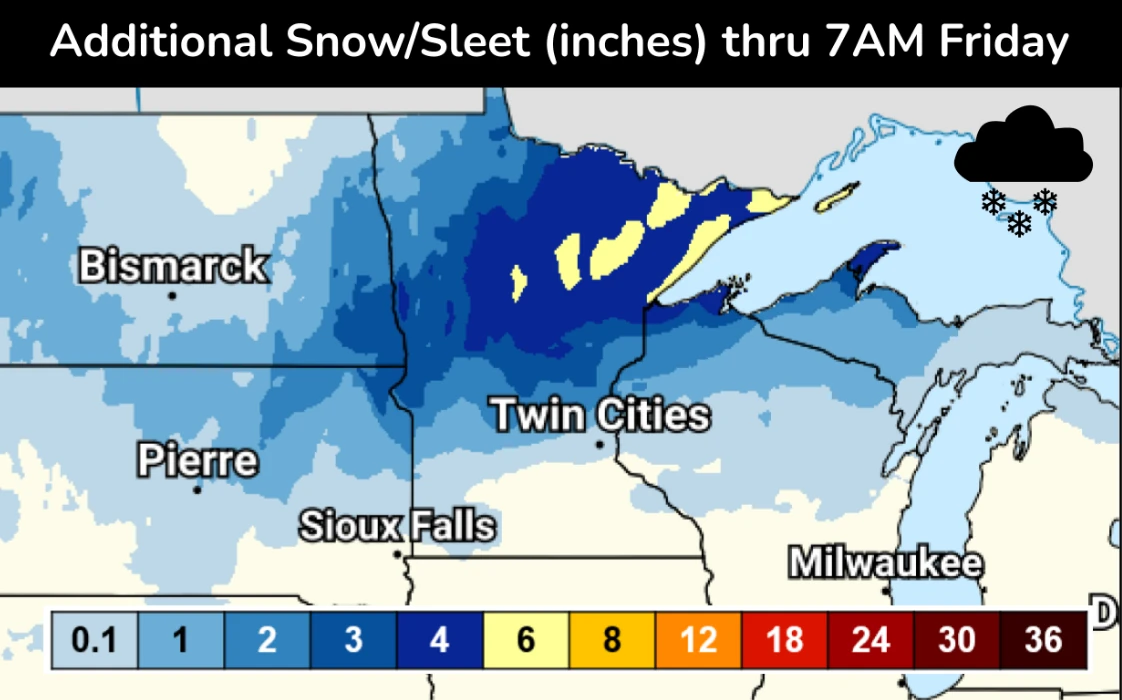 Snow and Sleet forecast for the Northern Plains and Great Lakes through April 3, 2026