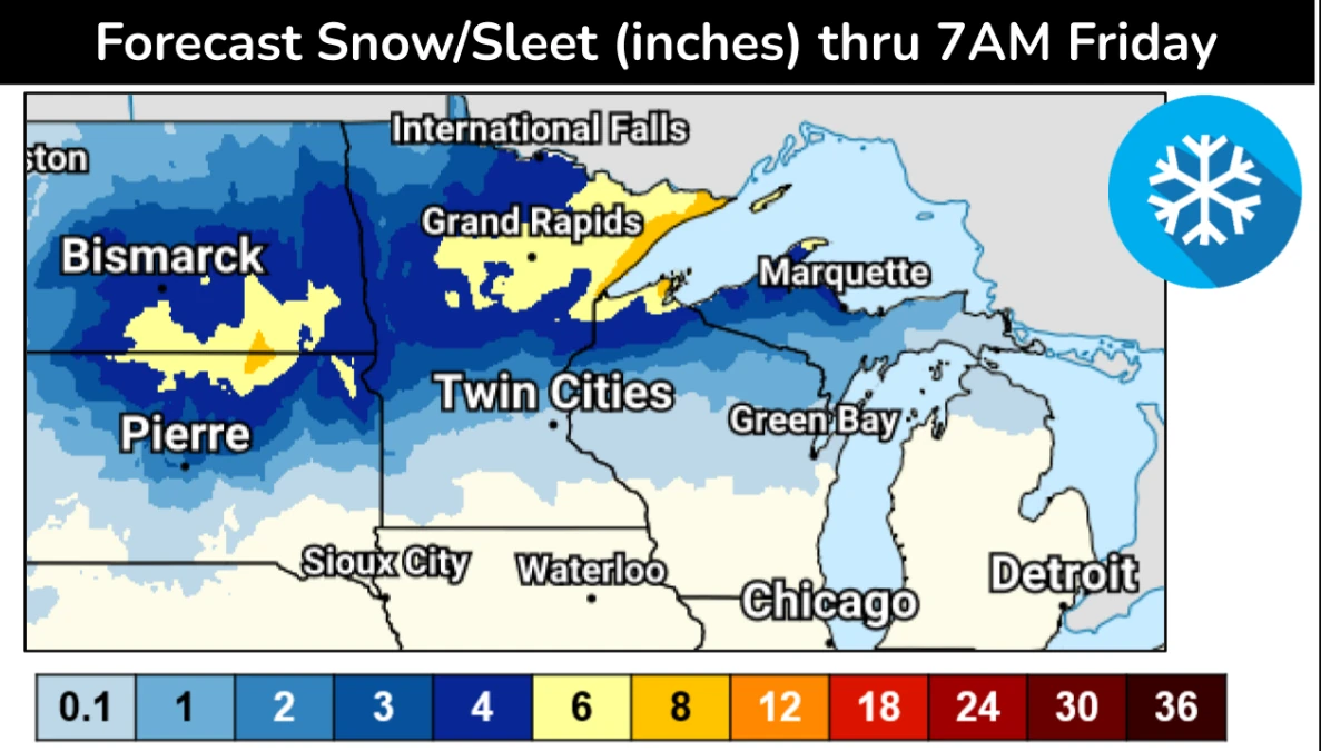 Snow and Sleet forecast for the Northern Plains and Great Lakes through April1-3, 2026