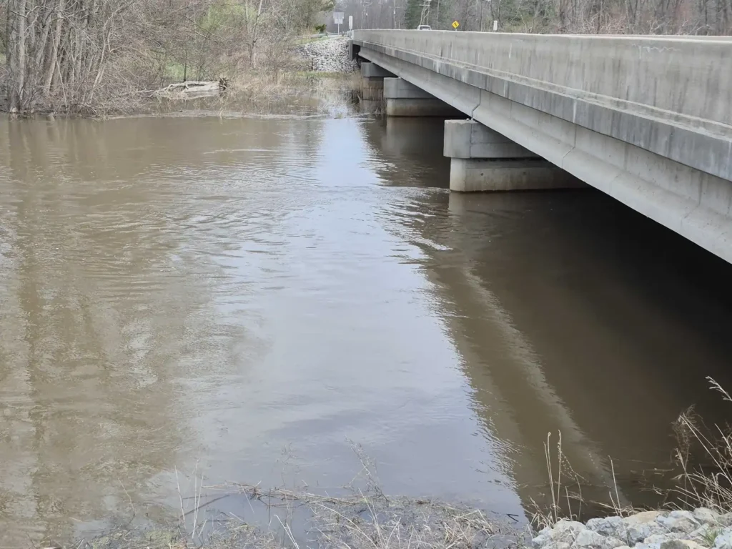 The Kankakee River approaching the bridge deck of W 600 N in southern La Porte County on April 4