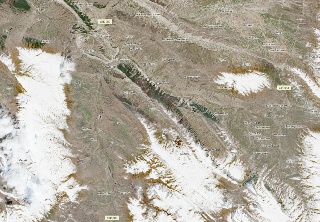 Satellite image centered over Nizhnii Ubekimakhi, Dagestan, Russia on April 10, 2026 (area affected by large landslide).