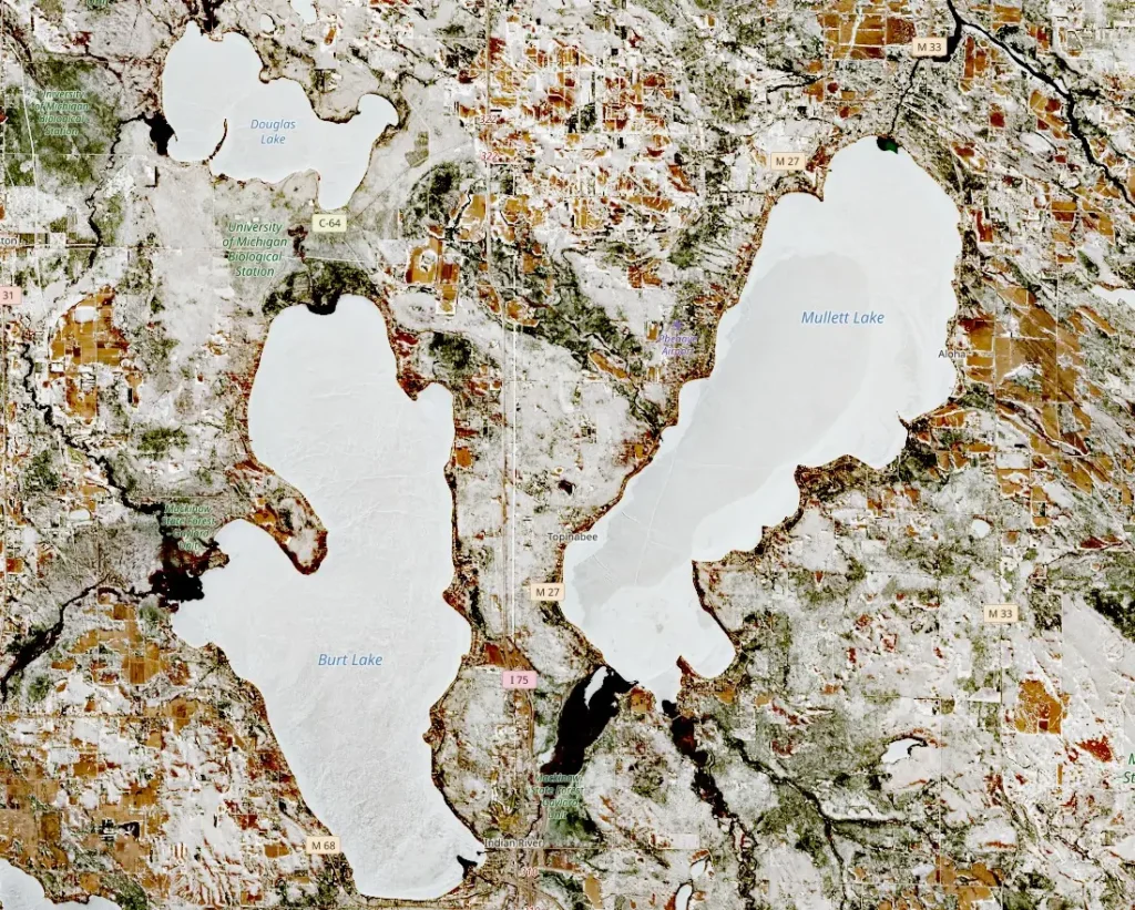 douglas lake burt lake mullet lake michigan satellite image april 11 2026 close