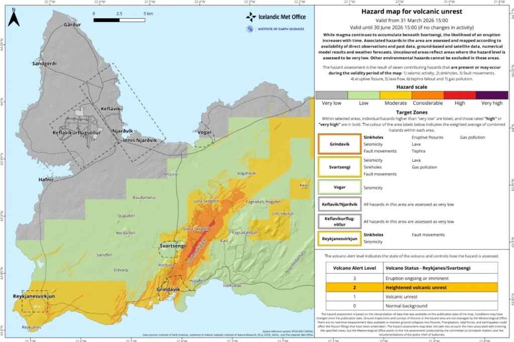 hazard map for volcanic unrest reykjanes svartsengi iceland valid to june 30 2026
