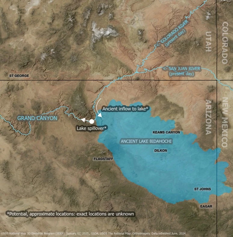 Map showing location of prehistoric Lake Bidahochi, and potential, approximate locations of Colorado inflow and spillover that helped shape the Grand Canyon and Colorado River System