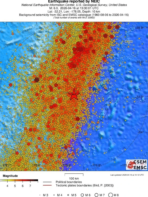 m6.0 earthquake south of the kermadec islands new zealand april 16 2026 emsc regional seismicity
