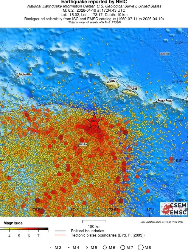 M6.2 earthquake Tonga April 19, 2026 EMSC Regional Seismicity