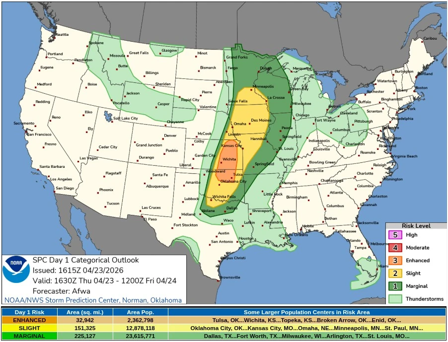 spc day 1 categorical outlook valid 1630 utc on april 23 to 1200 utc on april 24 2026
