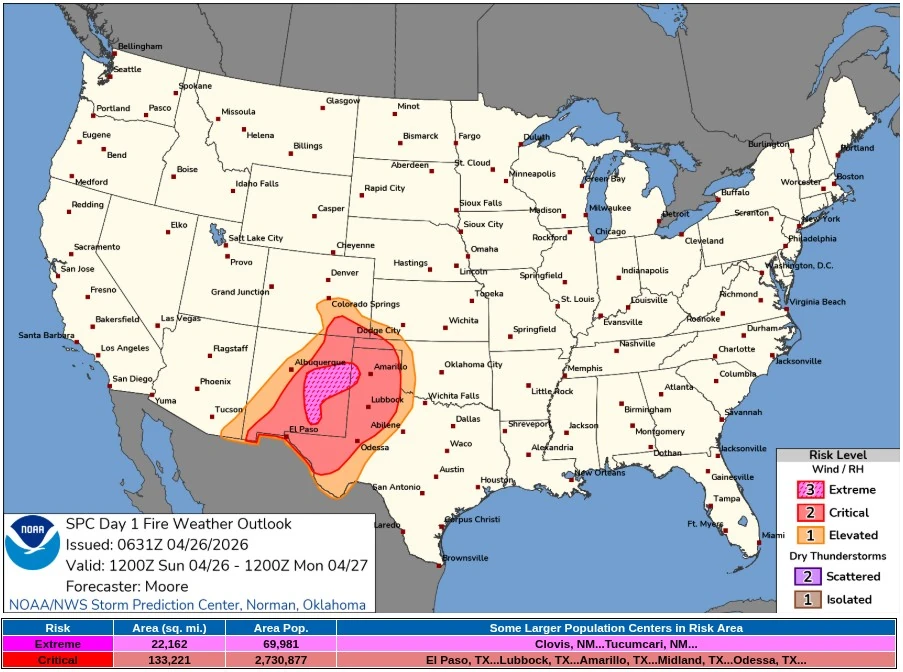 spc day 1 fire weather outlook valid 1200 utc april 26 to 1200 utc april 27 2026