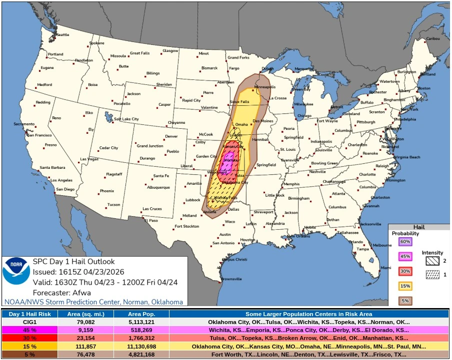 spc day 1 hail outlook valid 1630 utc april 23 to 1200 utc april 24 2026