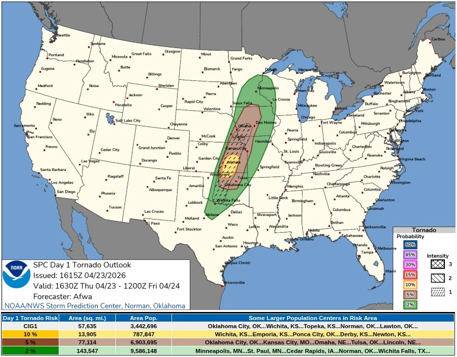 spc day 1 tornado outlook valid 1630 utc april 23 to 1200 utc april 24 2026