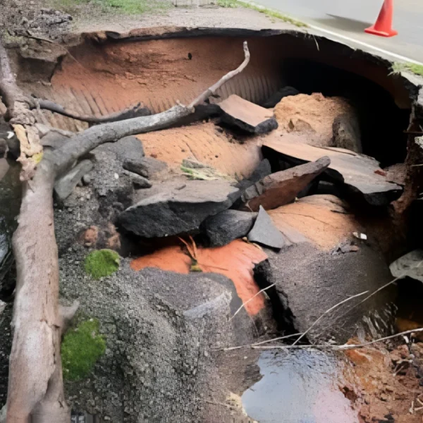 Charles Luther Road in Petal damaged after flooding in Forrest County, Mississippi on May 25, 2026.