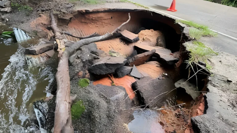 Charles Luther Road in Petal damaged after flooding in Forrest County, Mississippi on May 25, 2026.