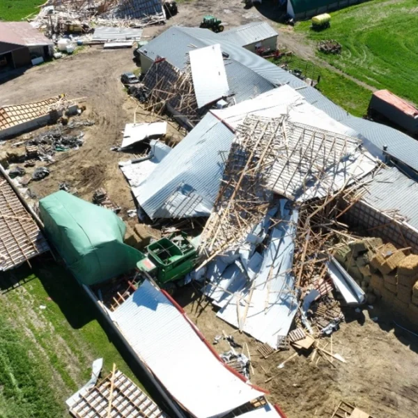 Farm building damaged by EF0 microburst in Lucan on May 9, 2026. Credit: NTP