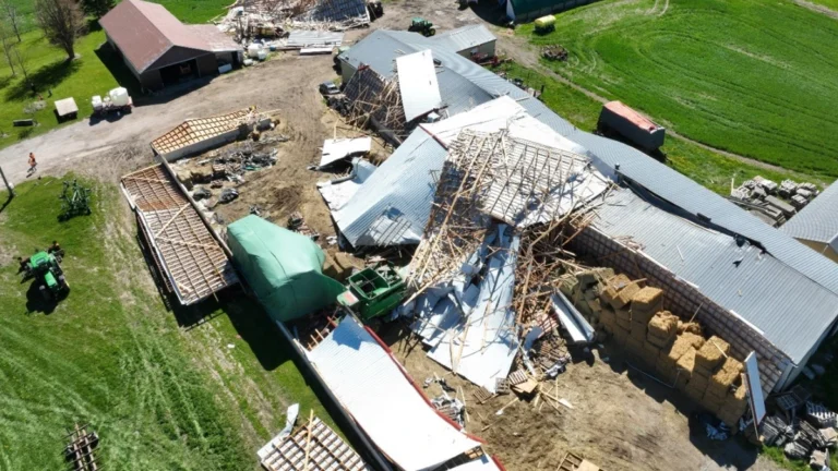 Farm building damaged by EF0 microburst in Lucan on May 9, 2026. Credit: NTP