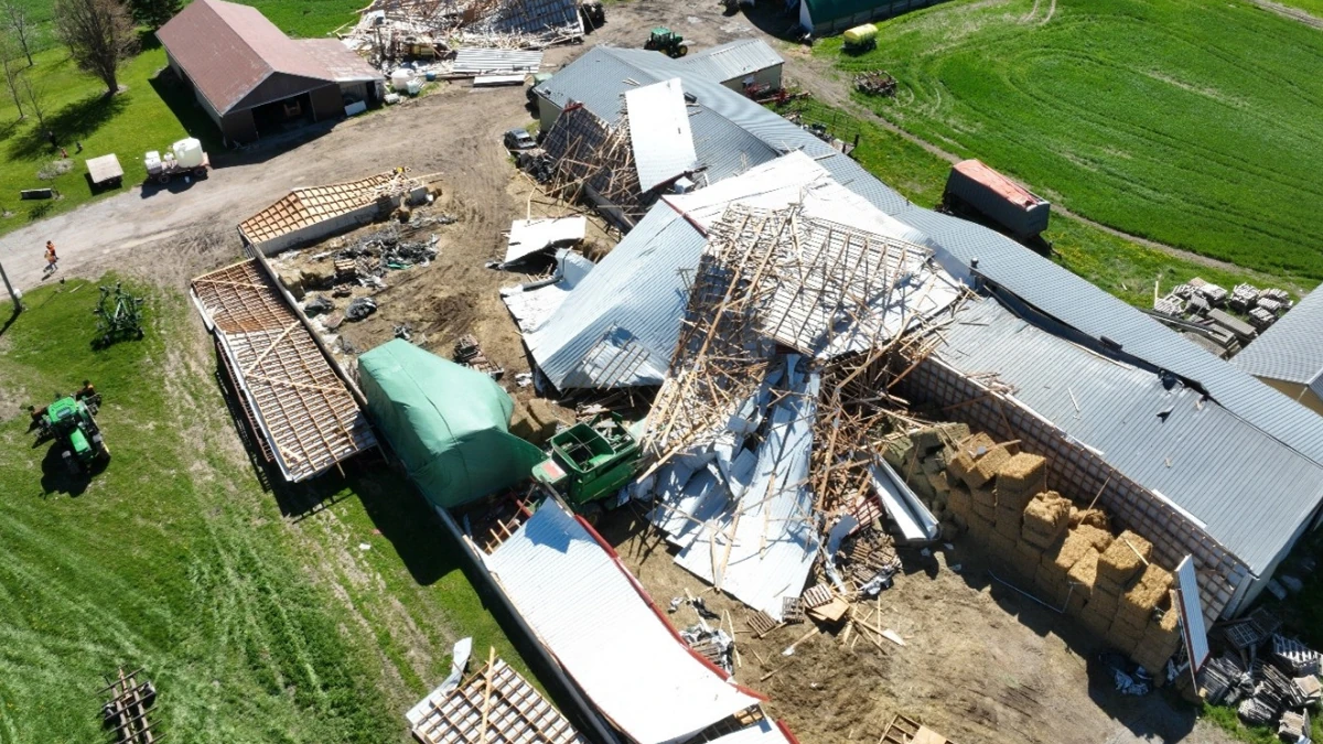 Farm building damaged by EF0 microburst in Lucan on May 9, 2026. Credit: NTP