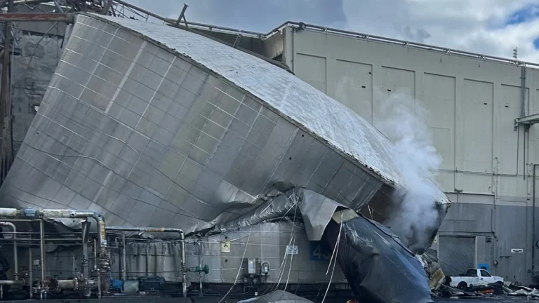 Imploded chemical tank at Nippon Dynawave paper mill on May 26, 2026
